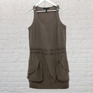 BCBGMaxAzria Olive Green Silk Cargo Tank Dress Silver Buttons Size XS